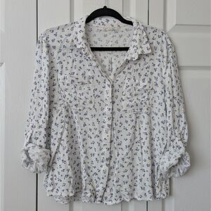 Soft Hippie Rose Blue Floral Print Button Down Blouse XL With Pockets